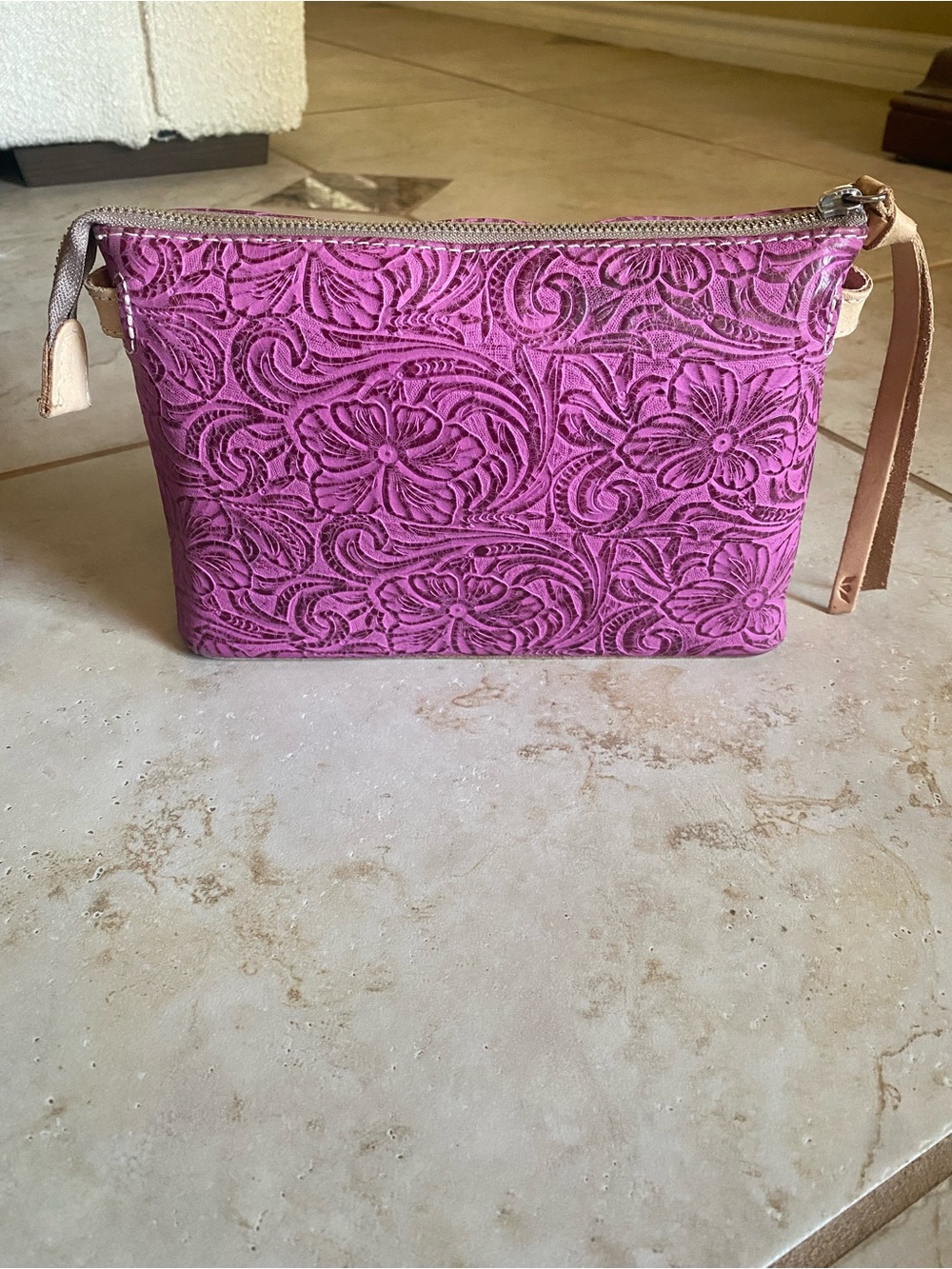 Consuela Mena Fuchsia Tooled Leather Midtown Crossbody Bag with Leather Trim - Picture 6 of 9